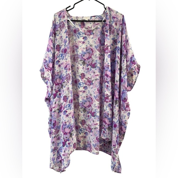 Purple floral short sleeve pool bikini cover up kimono - Picture 2 of 6